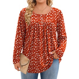 IN'VOLAND Plus Size Long Sleeve Tops for Women Crew Neck Button Down Blouse Casual T-Shirts Fall Fashion 2025 Red White