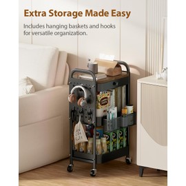 ALVOROG Rolling Cart with Drawer and Wood Table Top, 3 Tier Metal Rolling Utility Cart on Wheels with DIY Pegboards, Hanging Baskets, Hooks for Bedroom,Office,Craft Supplies (Black)