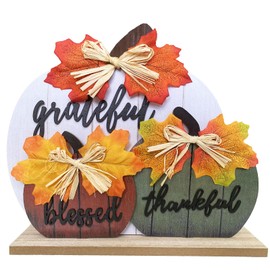 Wooden Fall Pumpkin Table Decorations - Thankful, Grateful, Blessed Tabletop Sign for Autumn, Thanksgiving, Farmhouse, Harvest, and Rustic Home Décor