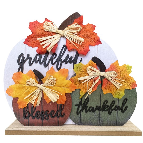 Wooden Fall Pumpkin Table Decorations - Thankful, Grateful, Blessed Tabletop