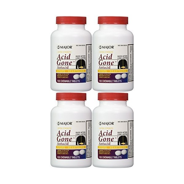 Acid Gone Antacid Chewable Generic for Gaviscon Extra Strength Chewable Tablets 100 Ct. Per Bottle Pack of 4 Bottles Total 400 Tablets by Major Pharmaceuticals