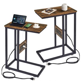 VECELO C-Shaped End Side Table Set of 2 with Charging Station & Two USB Ports and Outlets for Living Room, Bedroom, with Adjustable Feet for Couch/Sofa, Bedside, Small Spaces， Brown, 2