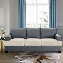 H.VERSAILTEX Stretch Velvet 3 Piece T Cushion Sofa Slipcovers for Living Room Individually Sofa Covers for 3 Seat Cushion Covers Stay with Elastic Bands (Sofa, Porcelain)