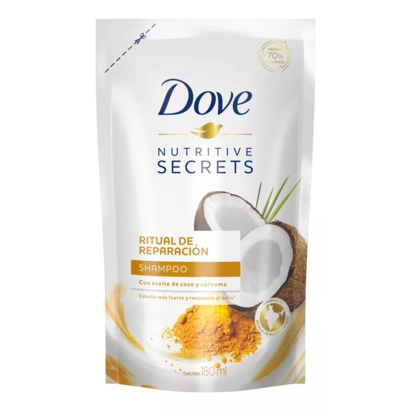 Dove Repuesto Shampoo Dove Nutritive Secrets Ritual de Reparación Coco y Cúrcuma en repuesto de 180mL por 1 unidad