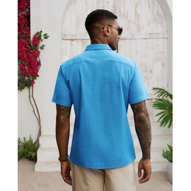 Lion Nardo Guayabera Linen Shirts for Men Short Sleeve Button Down Shirts Cuban Shirts for Men Summer Beach Shirts Cobalt Blue