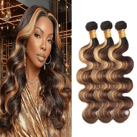 BilltiiWW Ombre P427 Body Wave Bundles Highlight Body Wave Bundles Dark Brown and Honey Blonde Brazilian Human Hair Extensions Soft and Silky for Black Women 16 18 20 Inch