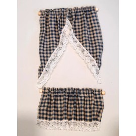 Homemade Dollhouse Miniature - Swag Cafe Curtain, blue/gray gingham, lace trim