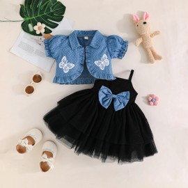 Yanmucy Toddler Baby Girls Dress with Puffy Sleeves Denim Blue Jacket Set 2PCS Little Girls Sleeveless Tulle Tutu Dress Short Sleeve Polka Dot Ruffle Coat Top Outfits