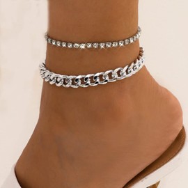 Clataly Cuban Anklet Bracelets Double Layer Crystal Anklets Beach Foot Jewelry for Women (Silver)