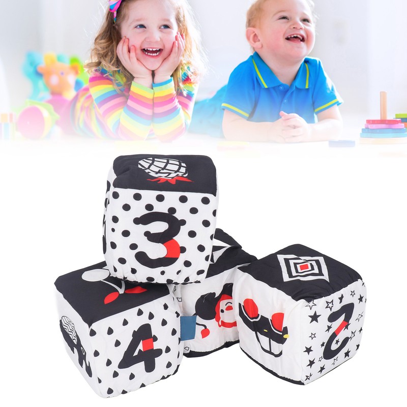 4pcs Baby Cloth Blocks Toy Letters Animals Learning Black White