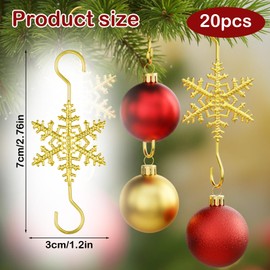 Tweruna 20 PCS Christmas Ornament Hooks, Gold Snowflake Ornament Hangers for Christmas Tree Decoration, Metal Snowflake Hook for Small Ornaments