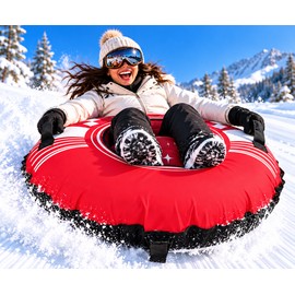 43 Inch Heavy Duty Inflatable Snow Tube, Rose Red Winter Sled with Oxford Cloth Cover and Handles