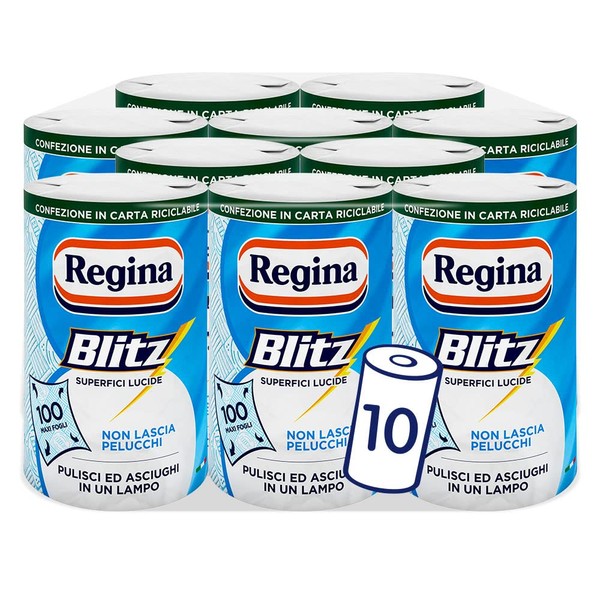 Regina Blitz Casa Paper, 10 Rolls, 100 Maxi Sheets with 3 Veils, Packaging in Recyclable Paper, Clean and Dry in a Flash, 100% FSC Certified Paper