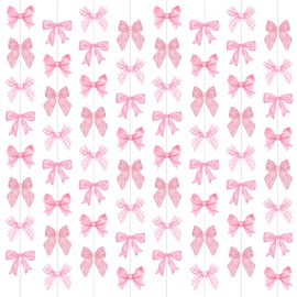 8 PCS Pink Bow Hanging Banners Coquette Party Decorations Paper Cutouts Birthday Supplies for Kids Girls Women Baby Shower