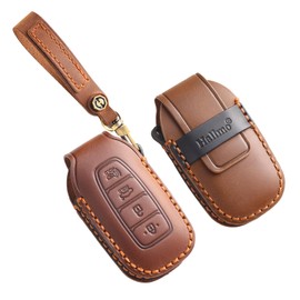 HIBEYO Key Fob Cover Compatition with Hyundai Elantra Elantra GT Kona Palisade Venue Veloster Accessories Genuine Leather Key Case fit for Hyundai Car Key with Keychain-4 Button A Brown