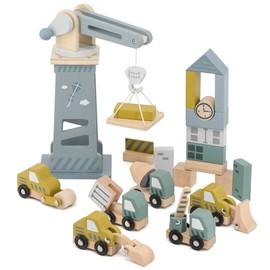 Label Label: Wooden Construction Site Play Set - Pastel Blue & Green - 13 Building Blocks, Interactive Crane & Accessories, 6 Toy Vehicles, Kids 3+