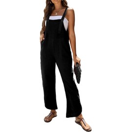 AMEBELLE Women's Sleeveless Cotton Linen Overalls Rompers Baggy Wide Leg Jumpsuits(1450-Black-L)