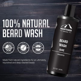 Mountaineer Brand Beard Wash For Men | 100% Natural Beard Shampoo | Thick Cleaning Softening Lather for Hair and Skin | Hydrate and Detangle | Grooming Treatment | Bare Unscented 8oz