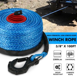 STEGODON Synthetic Winch Rope, 3/8" x100ft 23809LBS Dyneema Winch Rope 3/8 Heavy Duty Winch Cable with Protective Sleeve Forged Winch Hook for 4WD Off Road Vehicle Truck SUV (Blue)