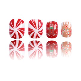 Christmas Press on Nails Short Square Fake Nails Cute Design Red Christmas Stick on Nails Full Cover Acrylic Nails Gingerbread Man False Nail Glossy Artificial Nails Xmas Glue on Nails for Women Girls