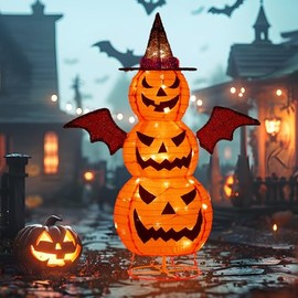 calabaza plegable de Halloween de 3 pies, 60 LED Pop-Up Jack-o'-Lantern con capa, 8 modos de iluminación, decoración interior y exterior para patio, j