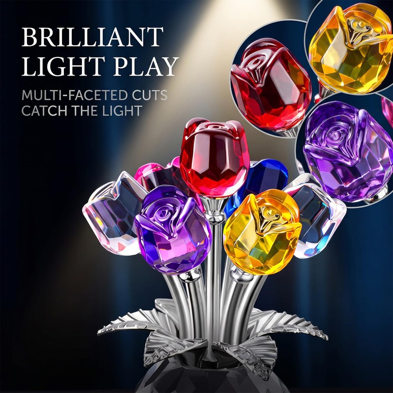 YcsRnn Crystal Flower Ornament, 3D Multicolor Glass Flowers with Base