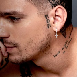 KRKC Cross Earrings for Men, Sterling Silver Earrings, White Gold Dangle Earrings, Hypoallergenic Urban Street-wear 15mm Round Gold Hip Hop Hoop Hinged Hanging Earrings for Men and Women