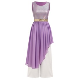 Praise Dance Dress for Women Worship Overlay and Tunic White Baggy Pant Metallic Tank Top Skirt Lyrical Contemporary Dance Costume Holy Temple Liturgical Dancewear Purple M