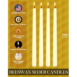 Ner Mitzvah White Beeswax Passover Seder Candles - 12 Hour Burn Time - Tall Beeswax Candles - Pack of 4 Bee Wax Taper Candles