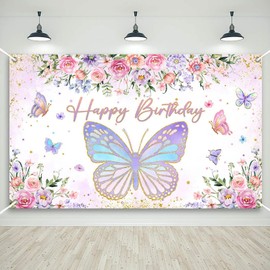 Mocsicka Mocsicka Butterfly Birthday Banner for Girls Women Birthday Party Decorations Banner Purple Happy Butterfly Birthday Party Photography Background Photo Booth Props (Purple/Pink, 70.8 x 43.3 Inch)