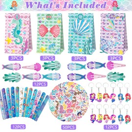 Pack of 98 Mermaid Party Bags Children's Birthday Decoration with 12 Gift Bags + 12 Bracelets + 12 Key Rings + 12 Hair Clips + 50 Face Swap Stickers