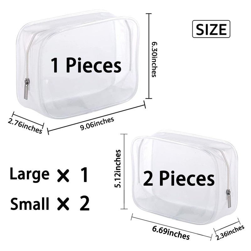 3 Pack Clear Plastic Zippered Toiletry Carry Pouch TSA Approved