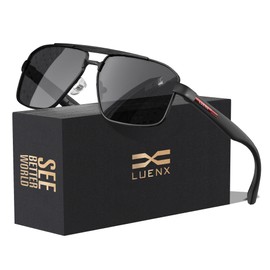 LUENX Aviator Sunglasses for Men Square Polarized Polygon Black Lens Black Frame 60MM