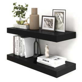 FLYJOE Deep Floating Shelves for Wall | 30W x 12D Black Floating Shelves Set of 2 | 12 Inch Deep Wall Shelves for Living Room Bathroom Laundry Room Bedroom Kitchen Home Office - Black