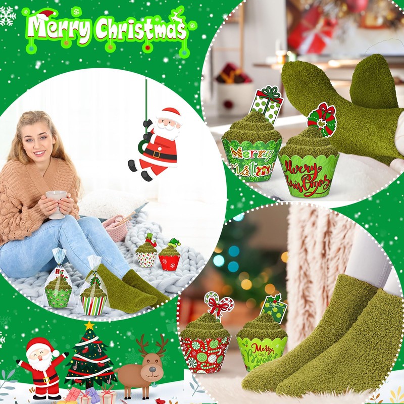 Suhine 24 Pairs Christmas Cupcake Socks Fuzzy Socks for Women