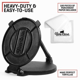 Uno Casa Cast Iron Tortilla Press 8 Inch - Tortilla Maker Press, Pre-Seasoned Roti Maker with 100 Pcs Parchment Paper, Heavy Duty Quesadilla Maker - Pataconera for Flour Tortilla, Tawa