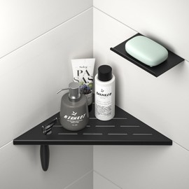 Bernkot 10'' Corner Shower Shelf w/Soap Holder, 304 Stainless Steel Grout in Shelf for Bathroom, Recessed Shelf for Tiled Wall, No Drilling Needed (Black)