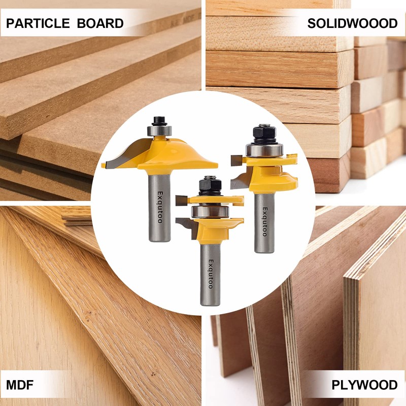Exqutoo 3PCS 1/2" Shank Router Bit Set, Raised Panel Cabinet