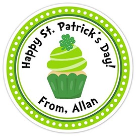 Happy St Patrick's Day Stickers, Cute Cupcake with Four Leaf Clover Labels, 2.5 inch round (36 count)