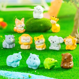12 Pieces Mini Animals Tiny Resin Animals Fox Tiger Elephant for Dollhouse Micro Fairy Garden Landscape Aquarium Birthday Decorations