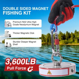 3600LB’s Complete Magnet Fishing Kit | Double Sided Fishing Magnet Kit with Case | Includes Strong Neodymium N52 Magnets, Durable 65ft Rope, Carabiner, Gloves, Grappling Hook & Carry Case