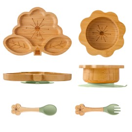 MingHoYo Bamboo Suction Plates Bowls Set for Baby Toddler - Includes Bamboo Bowl, Divided Plate, Silicone Fork & Spoon, All-Natural Baby Feeding Set for Baby-Led Weaning