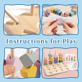 KUKUTrue Montessori Toy for 2 3 4 5 Years, Wooden Stacking Toys, Threading Toys, Fine Motor Skills Toys for 2 Year Old, Educational Toys for 2–3 Year Olds, Gift for Boys Aged 2–5 Years