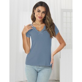 AKEWEI Short Sleeve Shirts for Women Trendy Tops for Women 2023 Summer Tops with Sleeves Fashion Tops for Women Trendy 2024 Spring Blue S