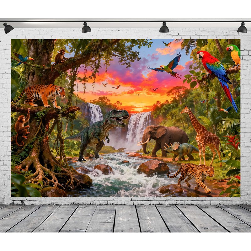 DePhoto 7x5FT Jungle Forest Animals Backdrop Tropical Rainforest Safari Background