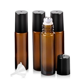 Worldgsb 4 Pack Essential Oil Roller Bottles, 10ml Refillable Amber Glass Roller Bottles with Stainless Steel Roller Balls and Caps for Travel, Perfume and Lip Gloss