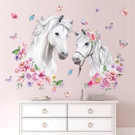 decalmile Wall Tattoo Horse Head with Flowers Wall Sticker Horses Girls Large Flowers Pink Wall Sticker Bedroom Living Room Children's Room Wall Decoration