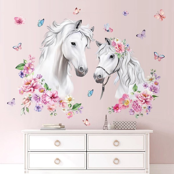 decalmile Wall Tattoo Horse Head with Flowers Wall Sticker Horses Girls Large Flowers Pink Wall Sticker Bedroom Living Room Children's Room Wall Decoration