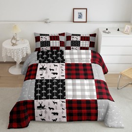 Buffalo Plaid Bedding Set For Boys Girls, Woodland Moose Comforter Set Vintage Deer Bear Duvet Sets Twin, Buffalo Plaid Farm Animal Quilted Duvet Rustic Patchwork Down Comforter, Red Black Grey