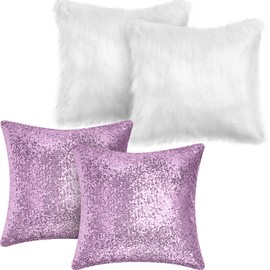 Irenare 4 Pcs Sequin and Fluffy Pillow Covers Winter Faux Fur Throw Pillow Covers Glitter Bling Pillow Cases Soft Fuzzy Cushion Cover for Couch Bed Sofa Xmas Day(18 x 18 Inch,Purple, White)